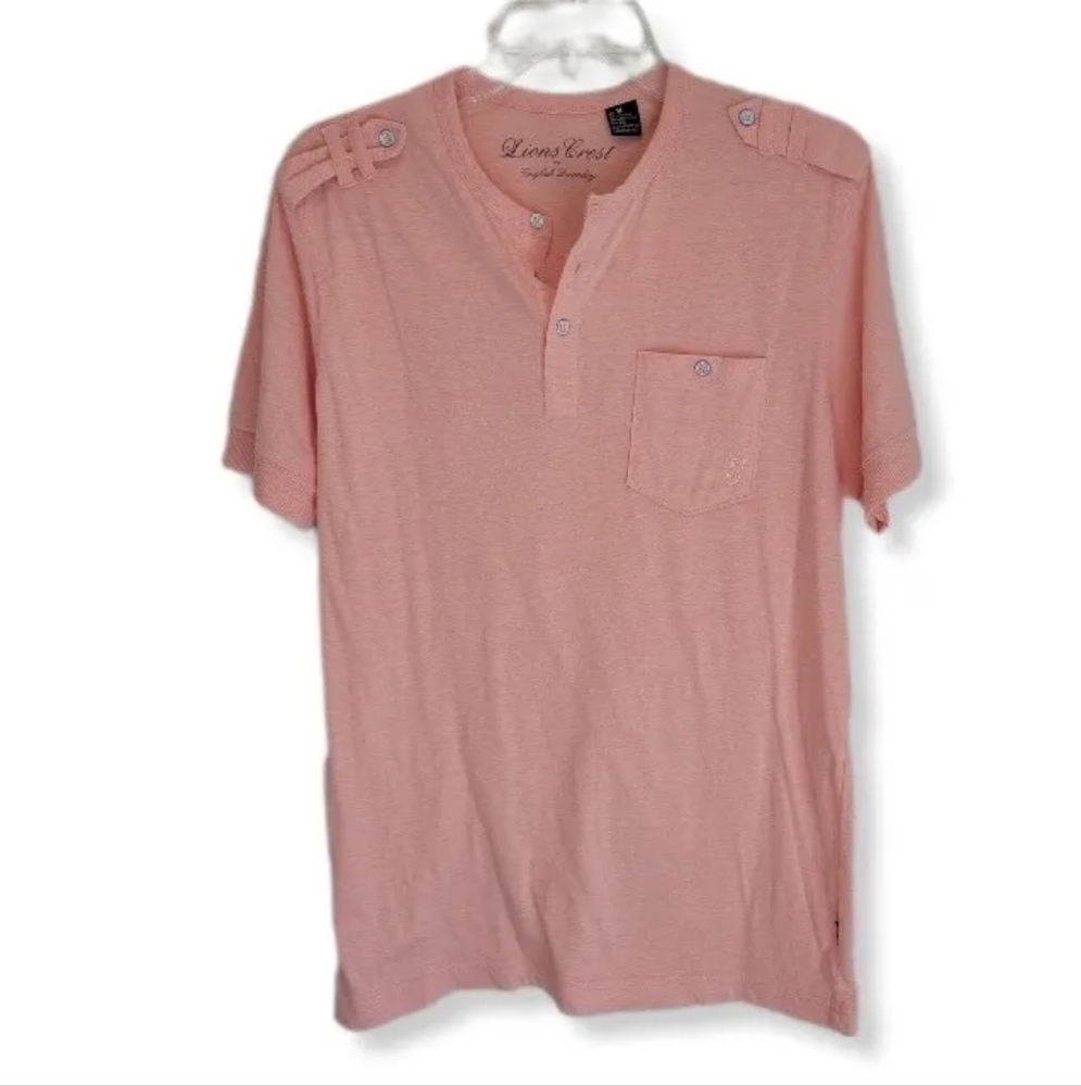 Lions Crest by English Laundry Shirt Men's Henley Short Sleeve Pink Peac…